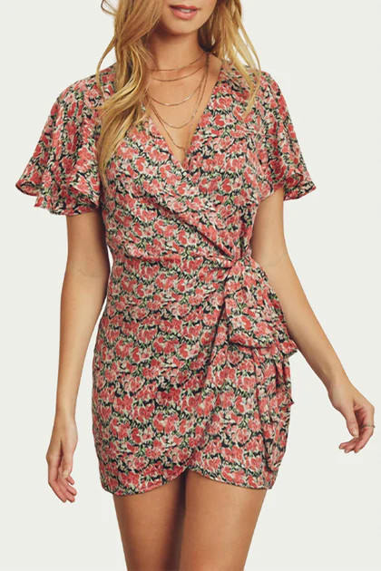 Floral-Print Satin Wrap Mini Dress In Multi | Shop Simon