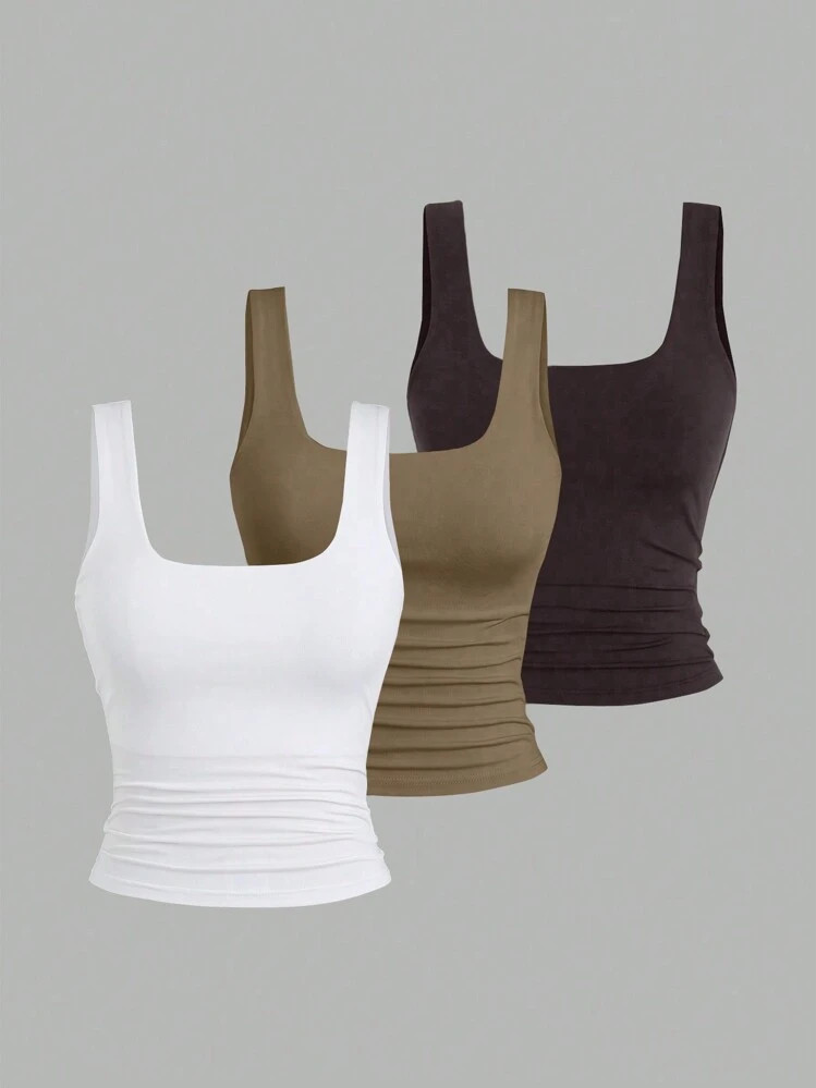 Sweetra Women's Solid Color Wide Strap Casual Slim Fit Tank Top | SHEIN