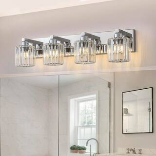 Orillia 28 in. 4-Light Vanity Light with Cylinder Crystal Shade Modern Wall Sconce for Bathroom Polished Chrome | The Home Depot