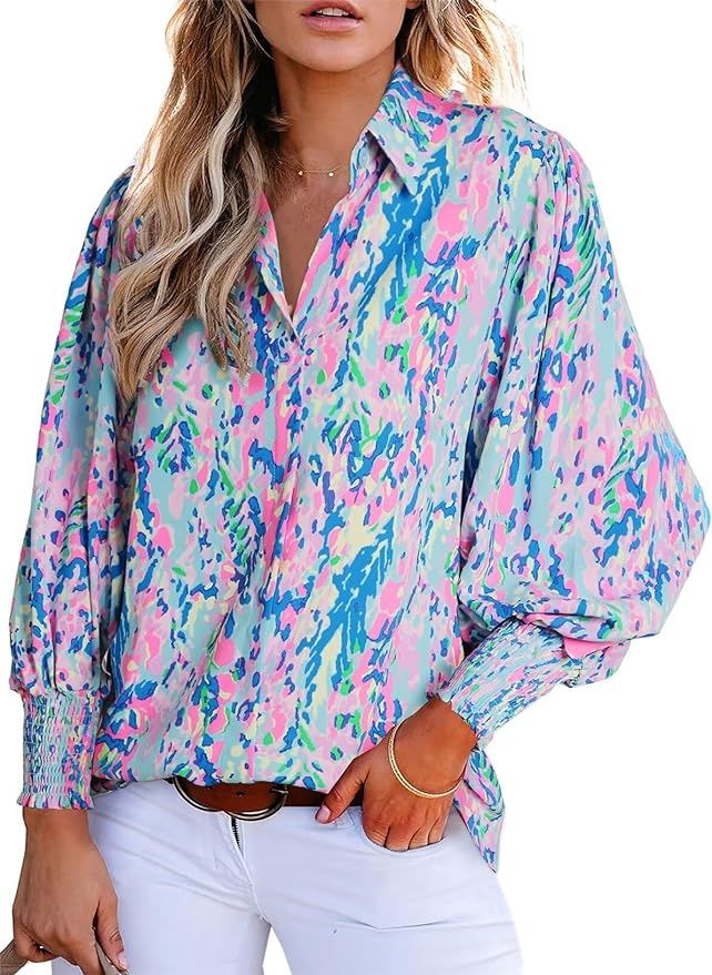 Astylish Women 2024 Loose V-Neck Shirts Paisley Print Lantern Sleeve Blouse Tops | Amazon (US)