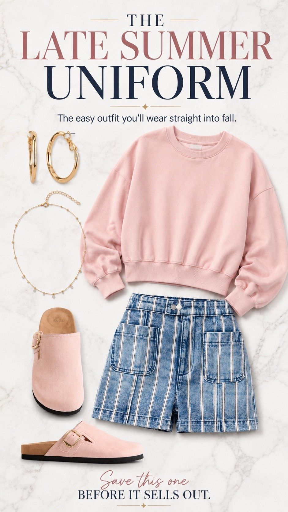 The late summer uniform ☀️ Easy, comfy, and so cute for that in-between season. Loving the soft pink sweatshirt with the striped denim shorts, blush clogs, and simple gold jewelry for an effortless everyday look.

#WalmartFashion #WalmartFinds #LateSummerStyle #AffordableFashion #OutfitInspo