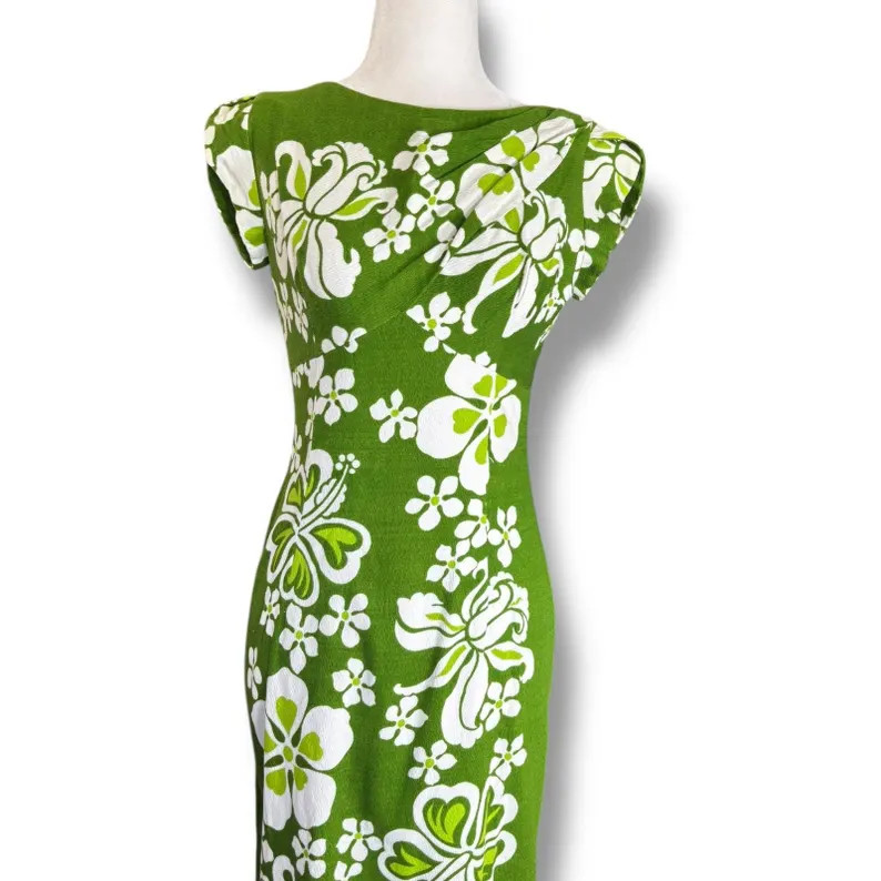 Vintage 60s Sears Hawaii Maxi Dress Green Textured Cotton White Hibiscus Print Scoop Neck Open Ba... | Etsy (US)