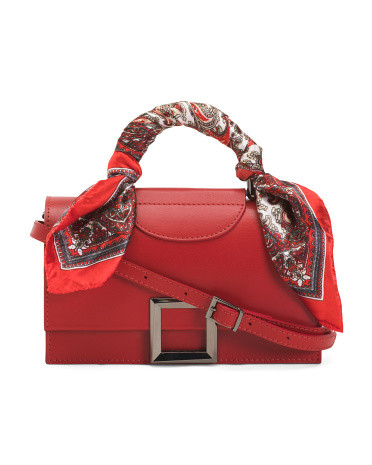 Made In Italy Leather Satchel With Square Closure And Scarf | TJ Maxx