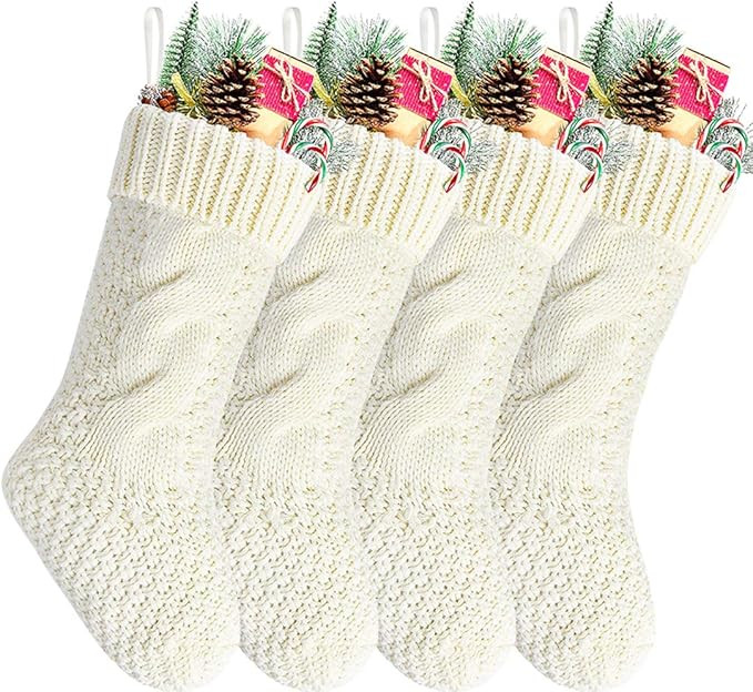 Kunyida Pack 4,14" Unique Ivory White Knit Christmas Stockings | Amazon (US)
