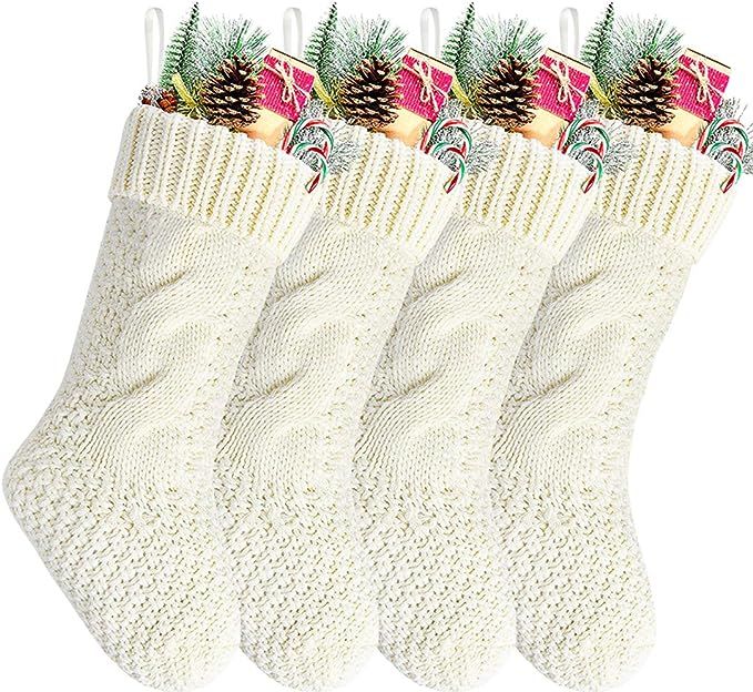 Kunyida Pack 4,14" Unique Ivory White Knit Christmas Stockings | Amazon (US)