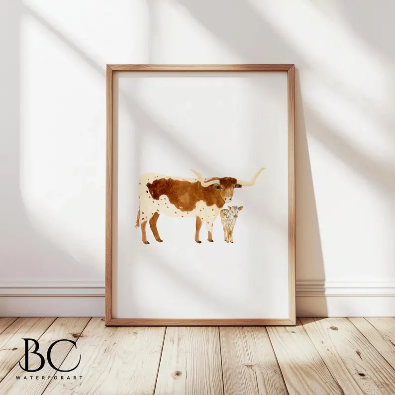Watercolor Longhorn With Calf Art Print, Longhorn Cow Home Decor, Longhorn Nursery Decor, Cattle ... | Etsy (US)