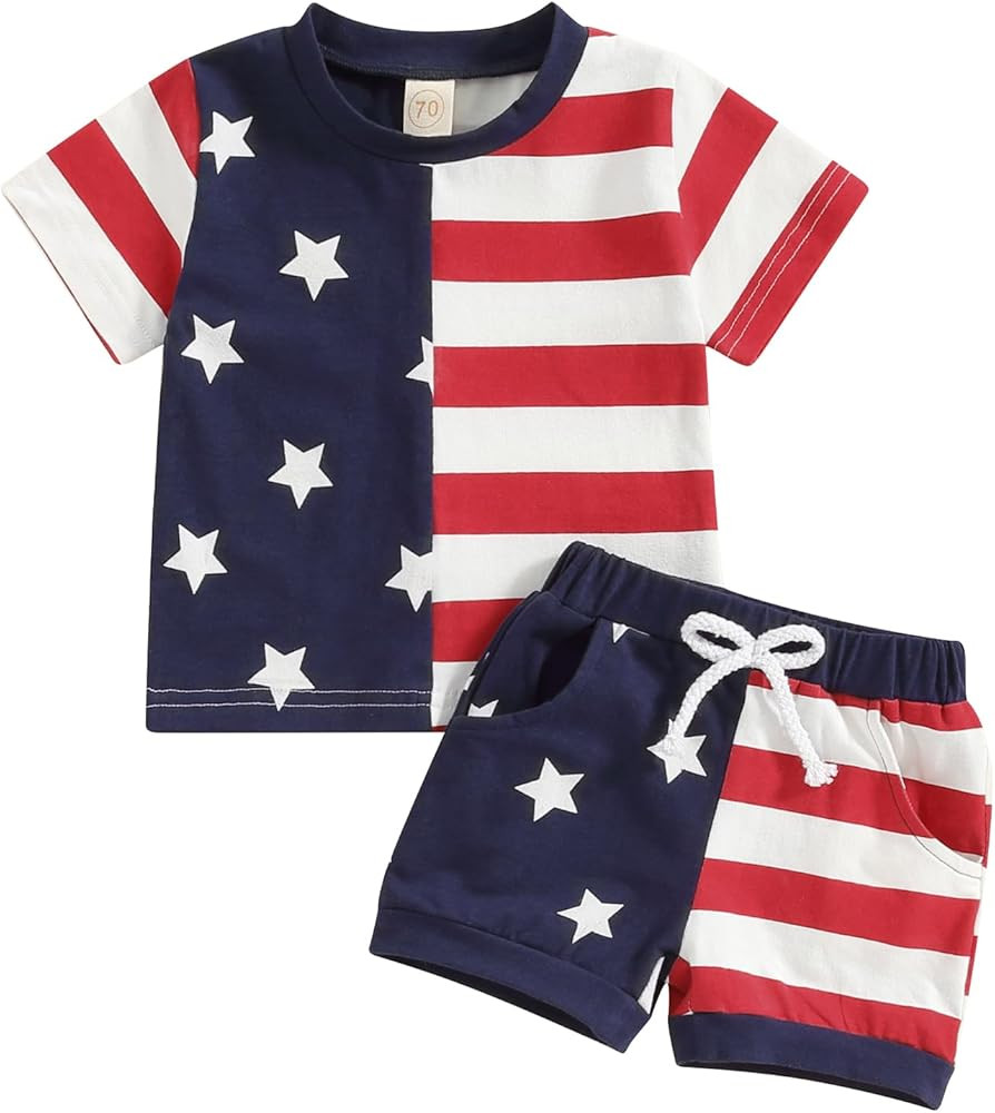 Baby Boy 4th of July Outfits Cute Short Sleeve Letter Print T-shirt Tops Star Print Shorts With D... | Amazon (US)