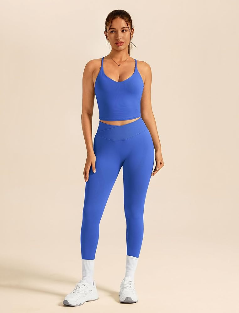 ABOCIW Womens Workout Sets 2 Piece Seamless Strappy Tank Top Crossover Waist Leggings Gym Sets Active Wear | Amazon (US)