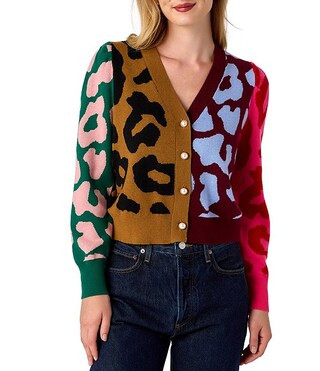 CROSBY by Mollie Burch Jovie Cashmere Blend Intarsia Knit Colorblock Leopard V-Neck Long Sleeve B... | Dillard's