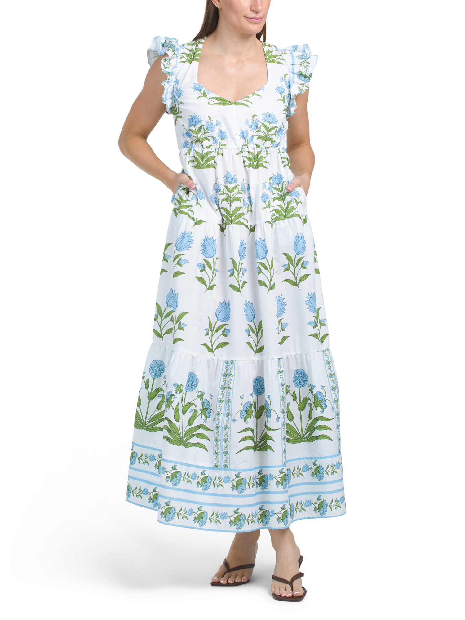 Flutter Sleeve Block Print Floral Maxi Dress | TJ Maxx