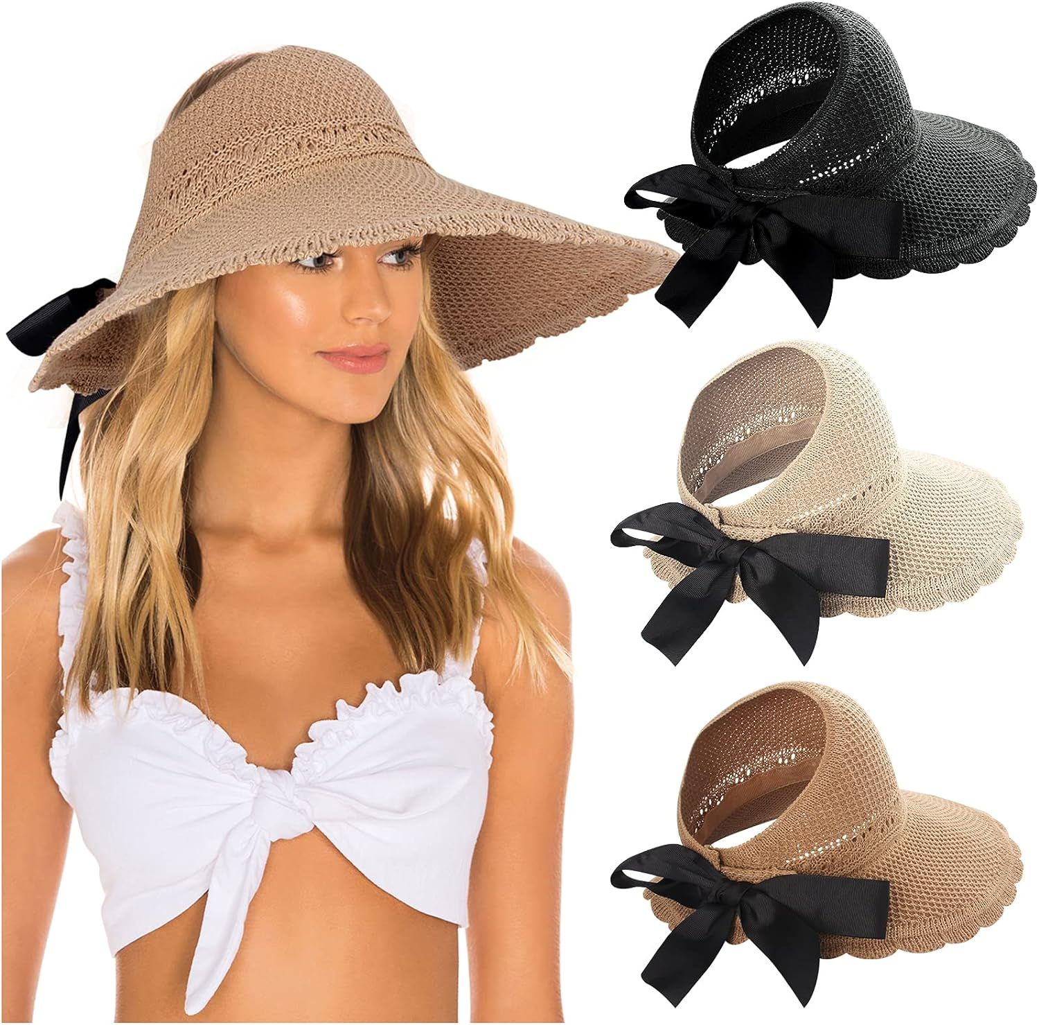 3pcs Foldable Wide Brim Straw Hats Sun Visors for Women, Bow Beach Hat Summer | Amazon (US)