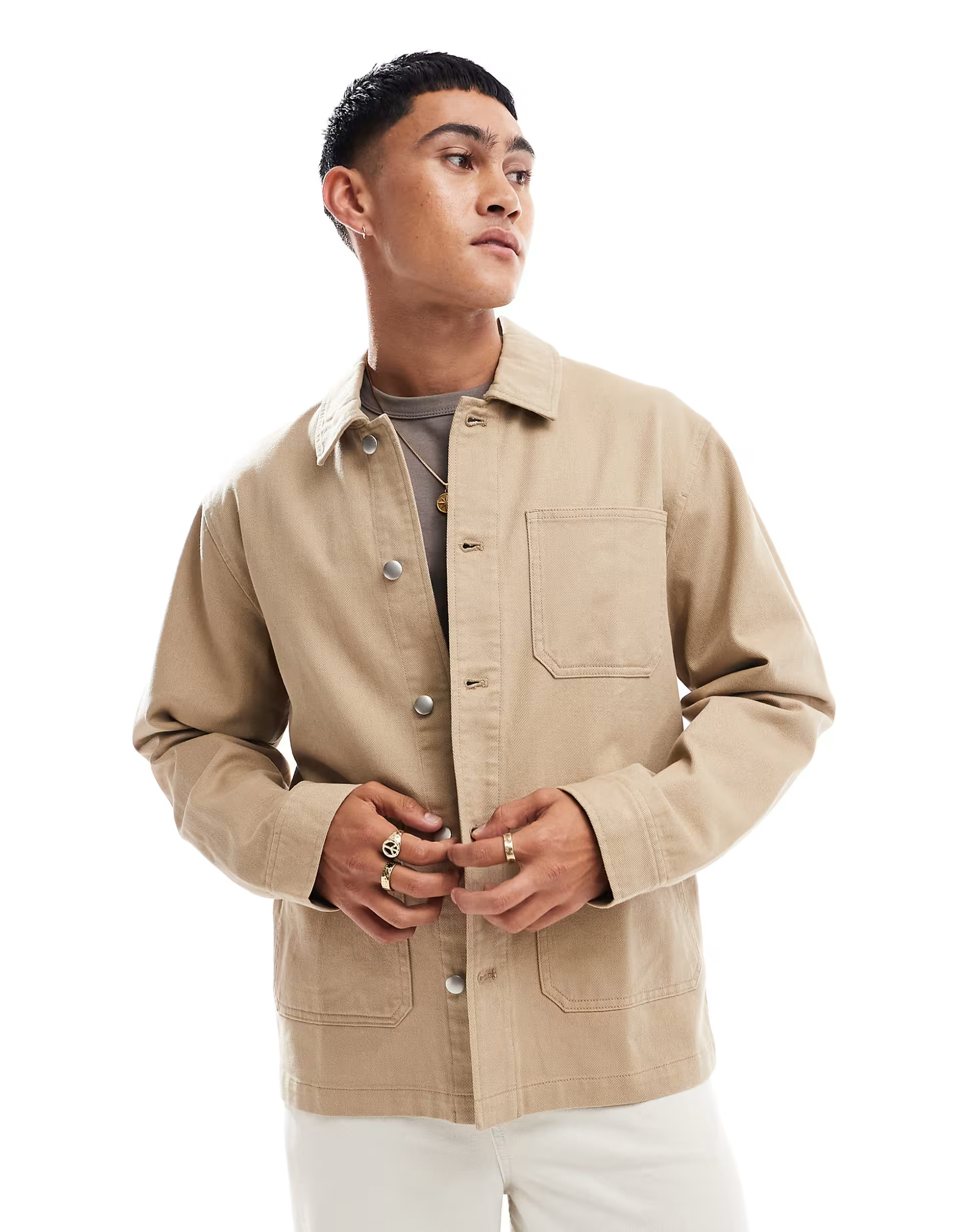 ASOS DESIGN worker jacket in washed twill in stone | ASOS (Global)