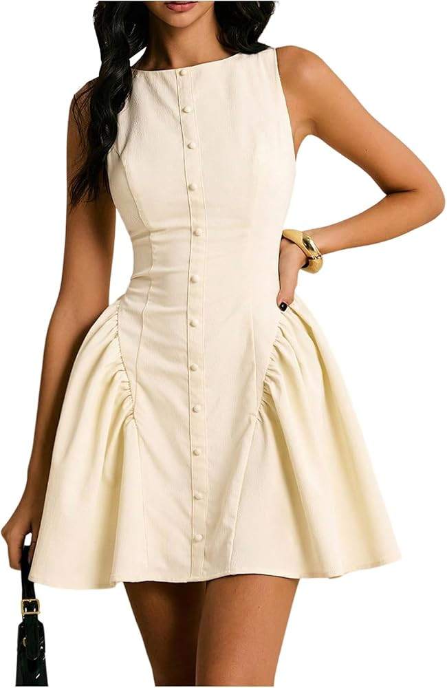 MakeMeChic Women's Open Back Dress Button Sleeveless A Line Business Short Dresses | Amazon (US)