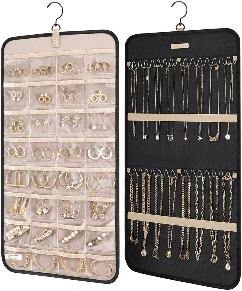 Amazon.com: BAGSMART Hanging Jewelry Organizer Storage Roll with Hanger Metal Hooks Double-Sided ... | Amazon (US)