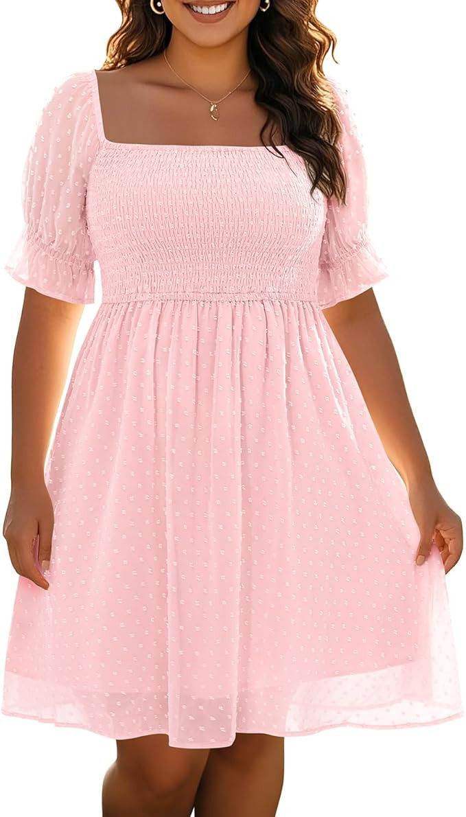 Women's Puff Sleeve Square Neck Mini Summer Sundress Chiffon Swiss Dot Flowy Smocked Dress | Amazon (US)