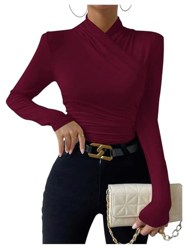 SweatyRocks Women's Ruched Mock Neck Long Sleeve T Shirt Solid Slim Fitted Tee Tops | Amazon (US)
