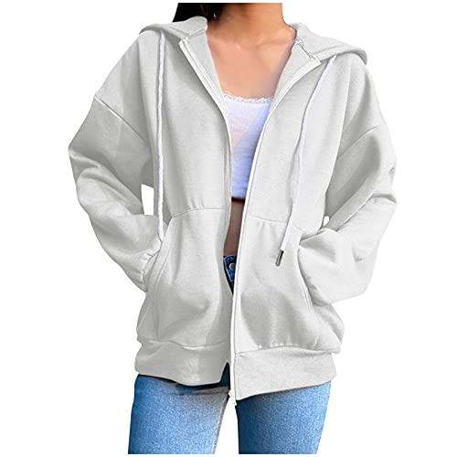Generic Gray Zip Up Hoodie Women, Womens Hoodies Soft Plus Size Full Zip Solid Sweatshirt Long Sleeve Hoodies Y2K Fall Sweaters Zip Up Hoodies for Women with Designs, X-Large, White | Amazon (US)