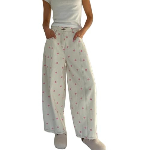 Mxiqqpltky Polka Dot Jeans Women Low Rise Cute Baggy Jeans Y2k Straight Wide Leg Boyfriend Denim Pants Streetwear(White Pink,Medium) | Amazon (US)