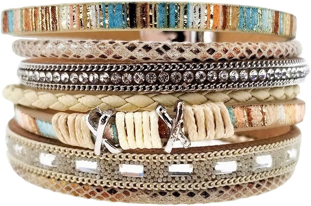 EunWow Leather multilayer bracelet Ladies bracelet women closure | Amazon (US)