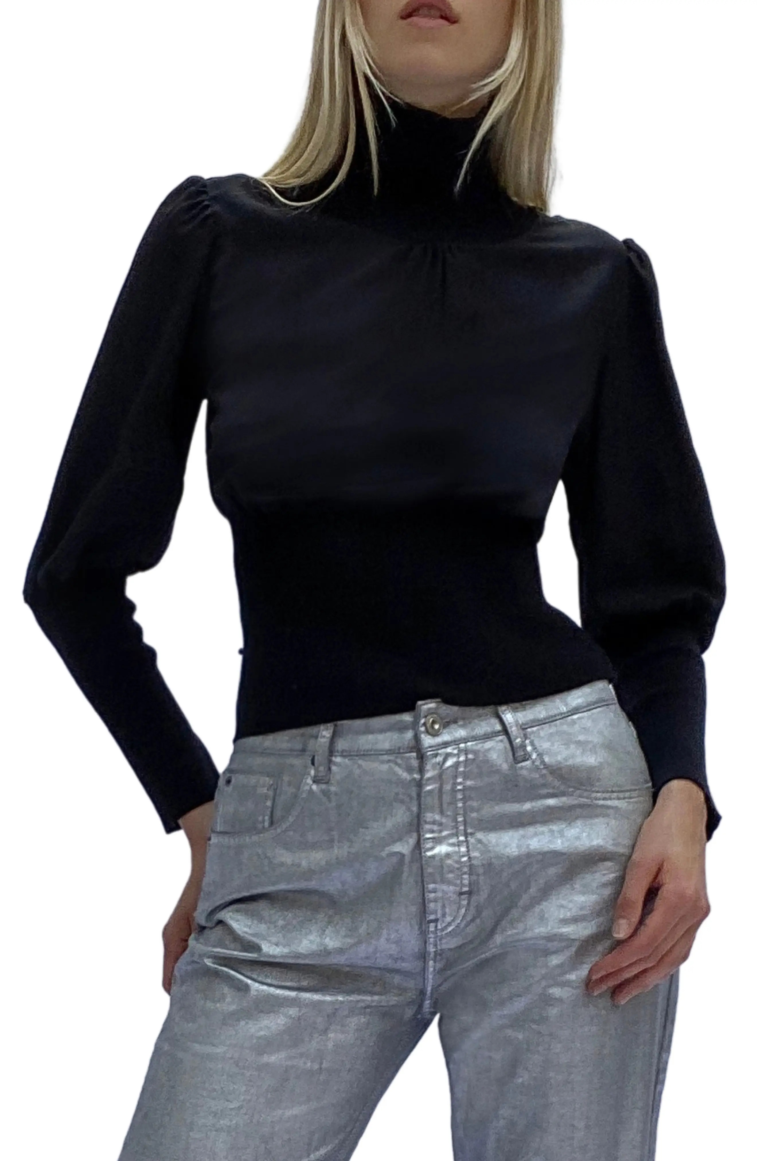 French Connection Krista Mixed Media Turtleneck Sweater, Size Small in Black at Nordstrom | Nordstrom