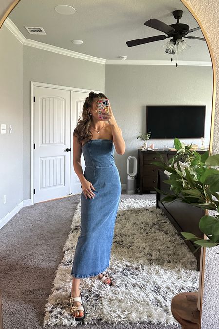 wearing my usual small in this denim maxi! also linking my fave strapless bra. use code DRESSFEST for an additional 15% off this dress!

#LTKFindsUnder100 #LTKSaleAlert #LTKStyleTip