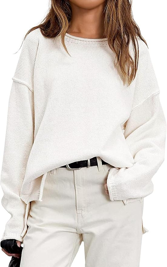 GREAIDEA Women's Pullover Fall Winter Sweaters 2025 Long Sleeve Roll Crewneck Side Slit Oversized... | Amazon (US)
