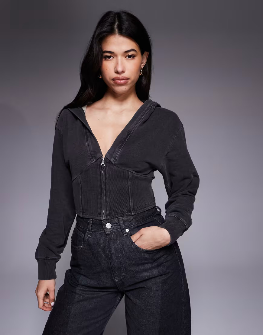 Good American cropped corset detail hoodie in washed black | ASOS (Global)
