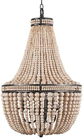 Farmhouse Wood Beaded Chandelier Modern 3-Light Ceiling Pendant Fixture Wooden Bead and Metal Cha... | Amazon (US)