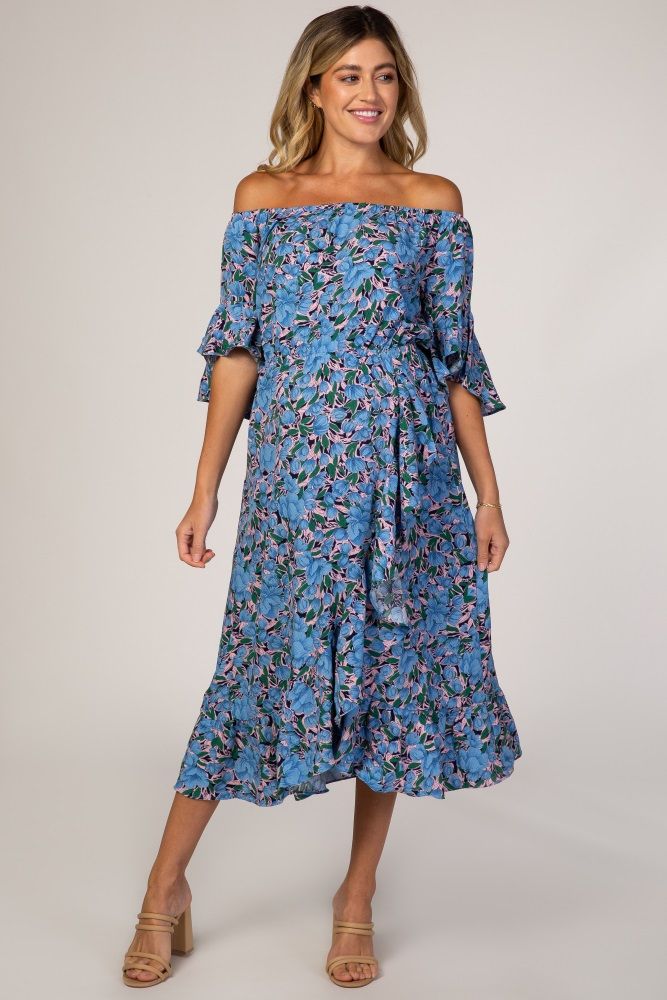 Blue Floral Off Shoulder Ruffle Maternity Dress | PinkBlush Maternity