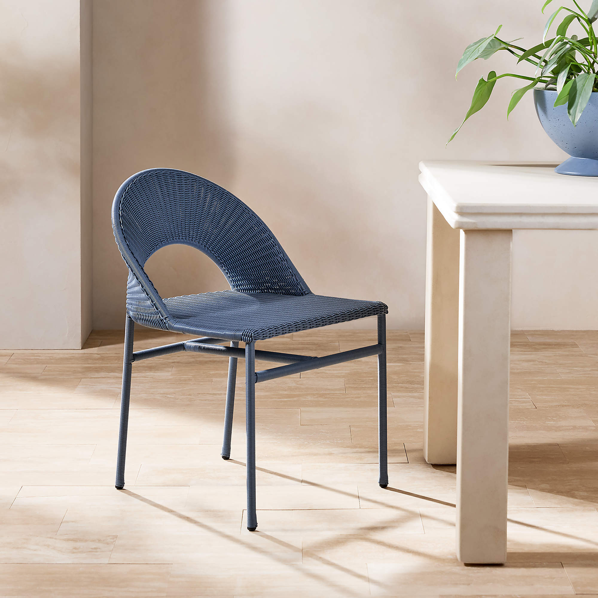 Arly Blue All-Weather Rattan Outdoor Dining Chair + Reviews | CB2 | CB2