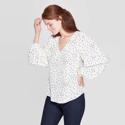 Women's Polka Dot Regular Fit Long Sleeve V-Neck Blouse - A New Day™ White/Black | Target