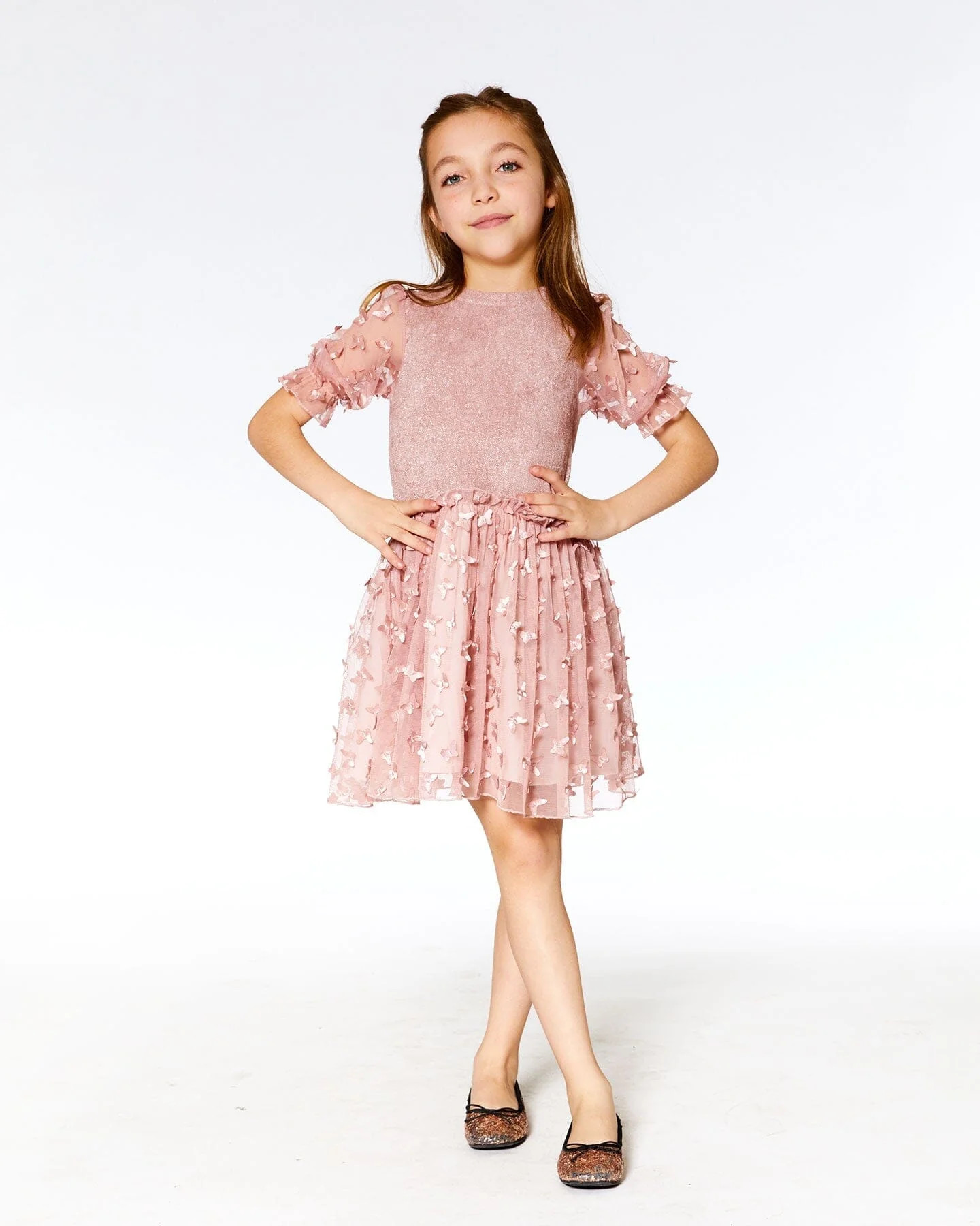 Bi-Material Light Velvet Dress With Tulle Skirt Butterflies Applique | Deux par Deux Childrens Designer Clothing