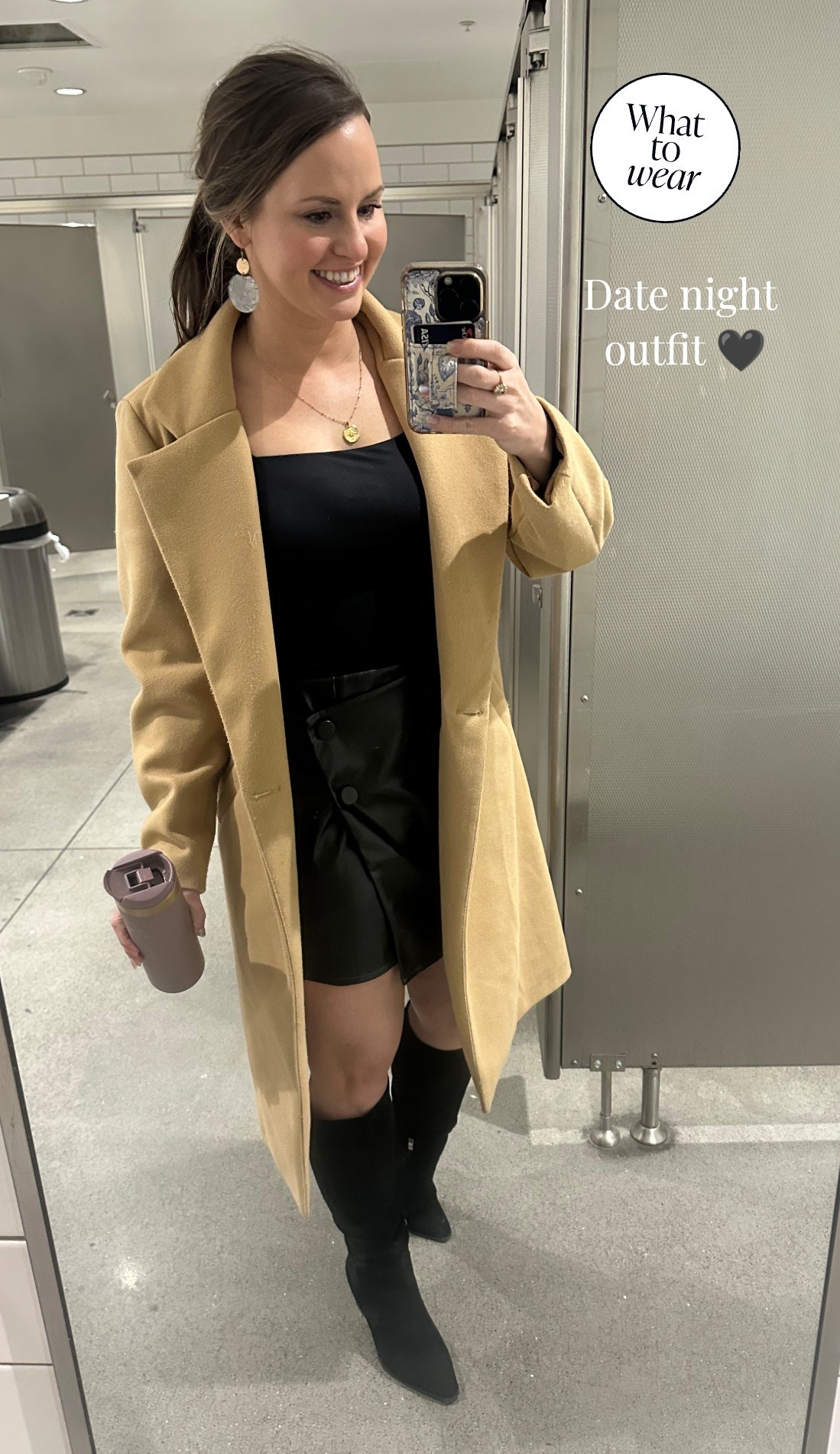 Date night outfit 🖤 

Or this square neck, bodysuit, full leather skirt, knee-high boots, tan coat, and gold jewelry accessories from Amazon! 

#LTKValentine #LTKootd #LTKgrwm