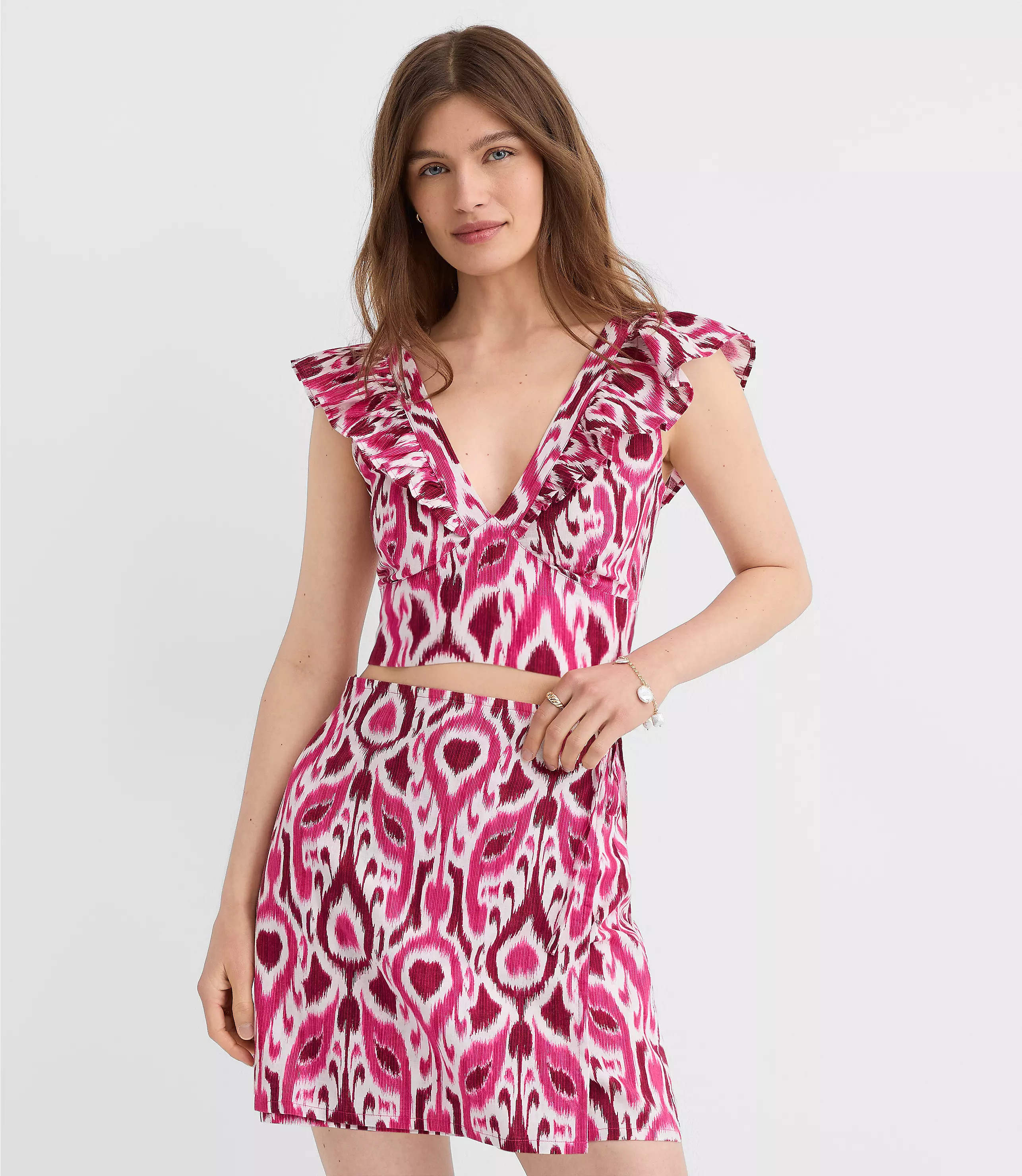 LOFT Beach Ikat Linen Cotton Ruffle Top | LOFT