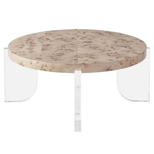 Tyler Modern Classic Beige Burl Wood Top Clear Acrylic Round Coffee Table | Kathy Kuo Home