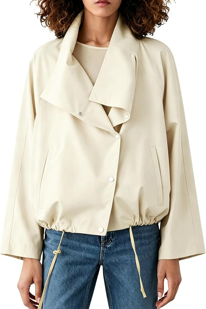 Huaqiao Womens Cropped Trench Coat Casual Asymmetric Collar Fall Jackets | Amazon (US)