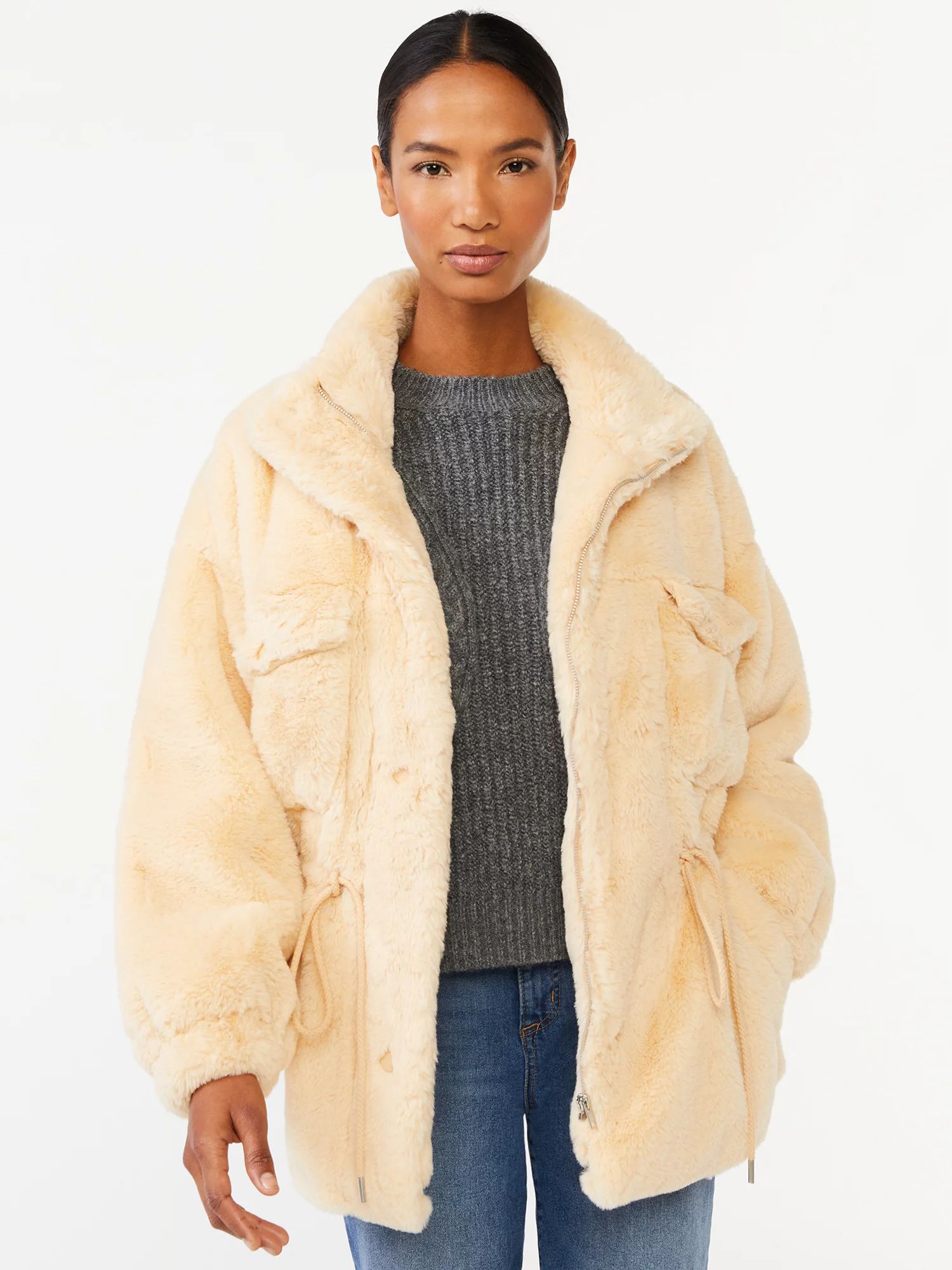 Scoop Women's Faux Fur Oversized Jacket with Cinch Waist | Walmart (US)