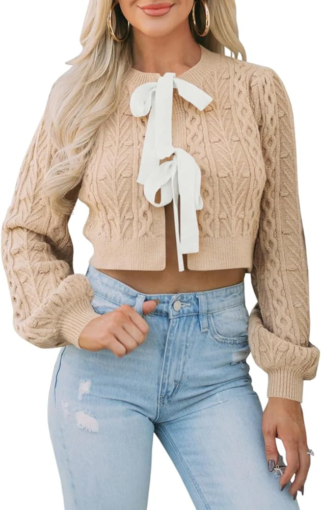 Saodimallsu Womens Cropped Cable Knit Cardigan Sweaters Long Sleeve Bow Tie Front Crew Neck Chunk... | Amazon (US)