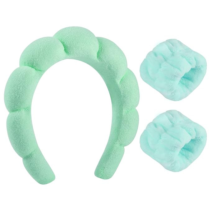 Sponge Spa Headband for Women, Green Makeup Headband and Wrist Washband Set for Face Washing, Ski... | Amazon (US)