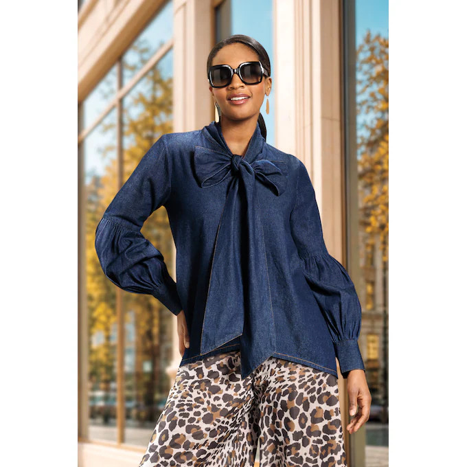 Bianca Denim Bow Tunic with Balloon Sleeves and High-Low Hem | Ashro