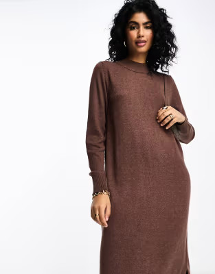 Vila high neck knitted midi jumper dress in brown | ASOS (Global)