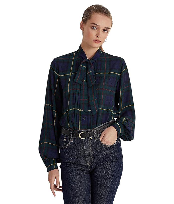 LAUREN Ralph Lauren Plaid Tie Neck Georgette Shirt | Zappos