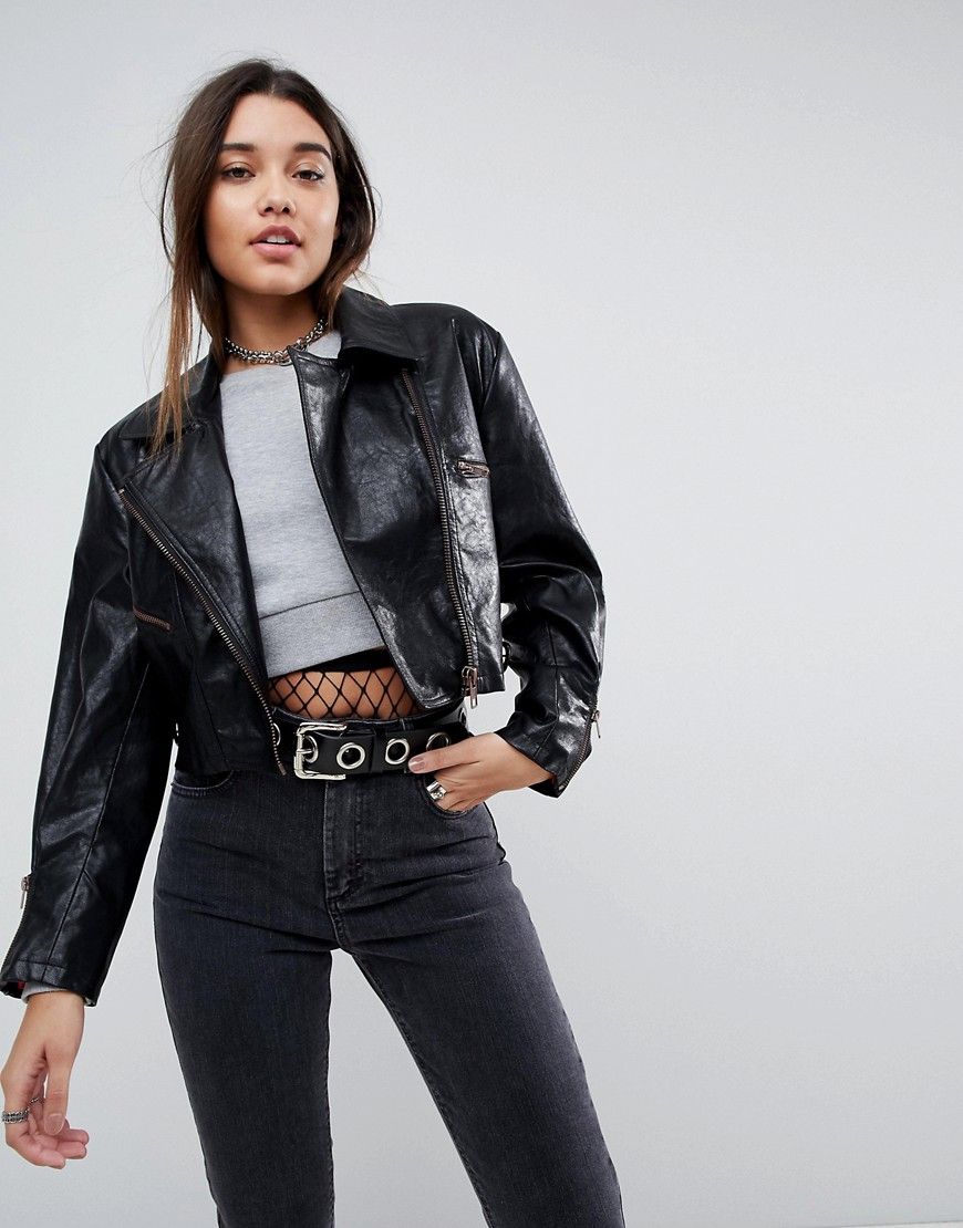 ASOS Cropped Leather Look 80's Biker Jacket - Black | ASOS US