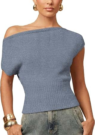 Hixiaohe Off The Shoulder Tops for Women Casual Ribbed Knitted Cap Sleeve Slim Fit Shirts Sexy As... | Amazon (US)