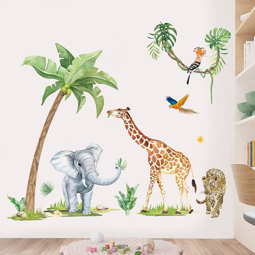 wondever Jungle Safari Animals Wall Stickers Giraffe Elephant Leopard Large Palm Tree Peel and St... | Amazon (UK)