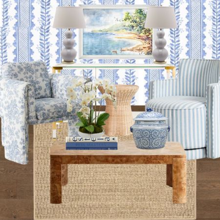 Which chair would you choose? Swivel or toile? 

Wallpaper. Blue and white. Grandmillennial decor. Painting. Gourd lamp pair. Swivel chair. Burl wood coffee table. Orchid. Ginger jar. Jute rug. Coffee table books  

#LTKhome