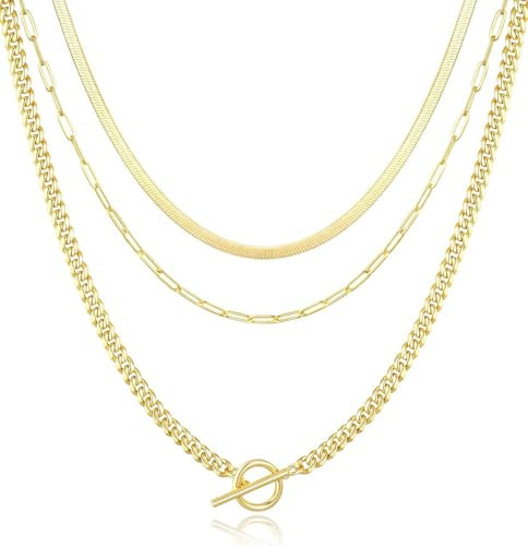 Gold Layered Necklaces for Women, 14K Dainty Gold Chain Necklace Women Trendy Cuban Link Paperclip Chain Toggle Clasp Necklace Fashion Chunky Jewelry for Women | Amazon (US)
