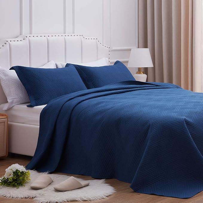SunStyle Home Quilt Set Twin Size,Dark Blue Diamond Pattern Bedspread-68 x86, Soft Lightweight Mi... | Amazon (US)