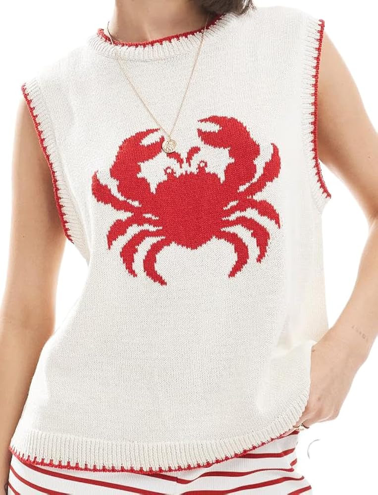 Women Graphic Sweater Vest Y2k Sleeveless Lobster Pullover Top Crew Neck Lightweight Fall Knit Ta... | Amazon (US)