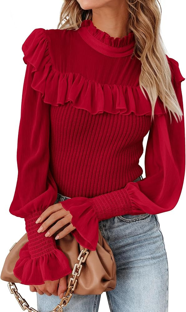 KIRUNDO Womens Sweaters Dressy Casual 2023 Fall Mock Neck Ruffle Long Sleeve Chiffon Patchwork Kn... | Amazon (US)